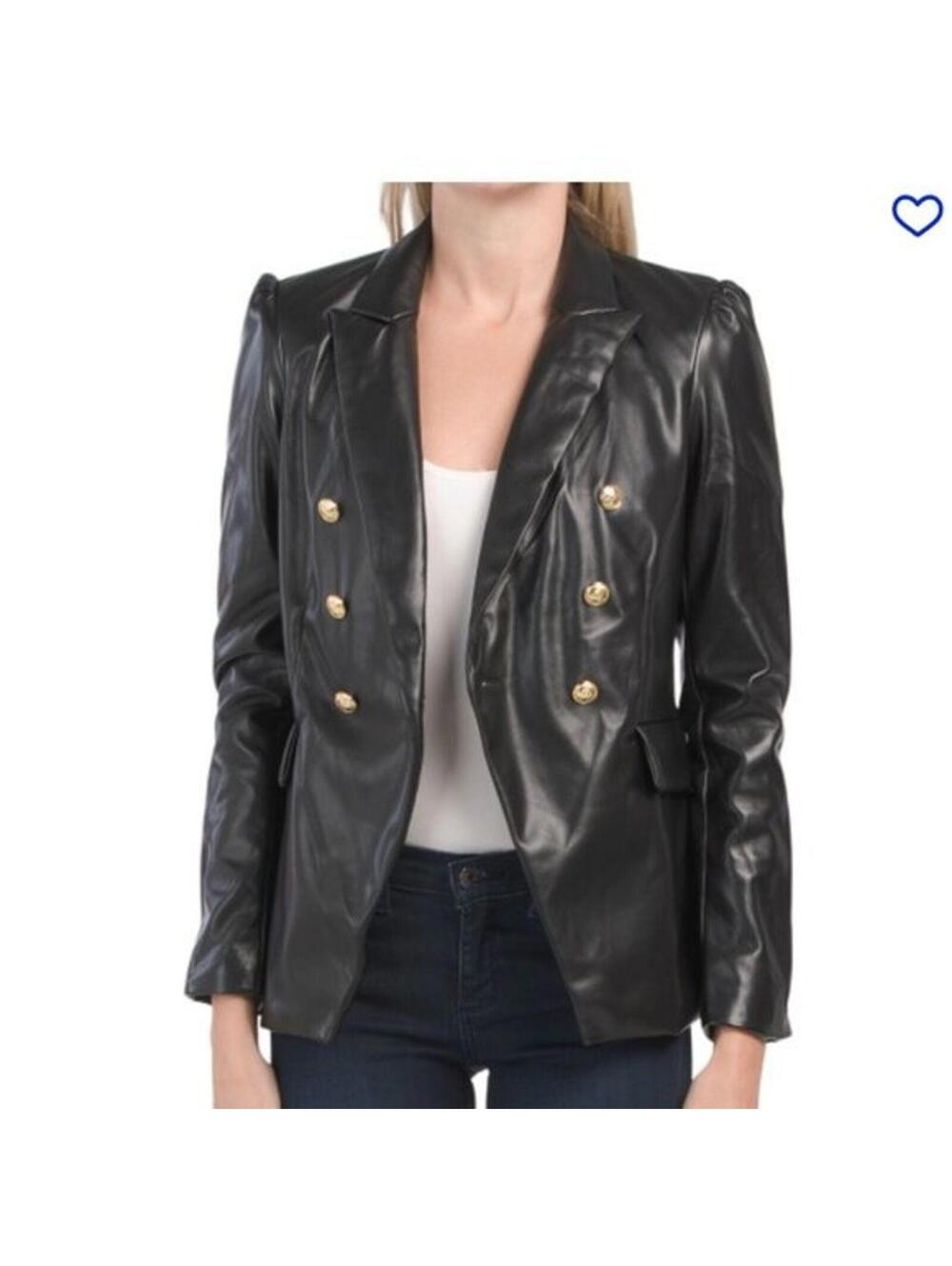 NWT Rachel Zoe Black Faux Leather Gold Button Open Blazer Jacket M